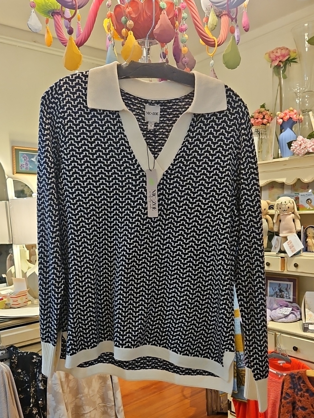 NIC+ZOE Blue and White V-Neck Polo Sweater